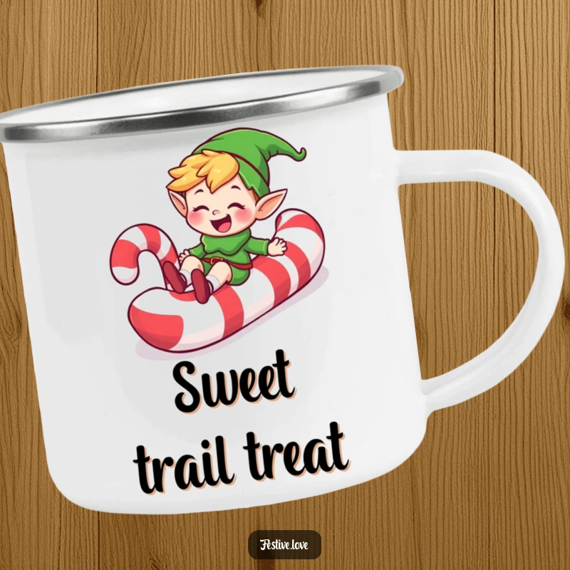 Funny happy elf character grinning while sliding down a giant candy cane, on a camping mug, a humorous outdoor sweet gift.