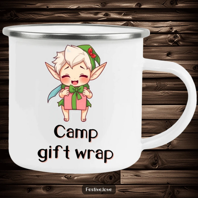 Funny elf camping mug featuring an excited character wrapping a present, ideal for outdoor holiday enjoyment.