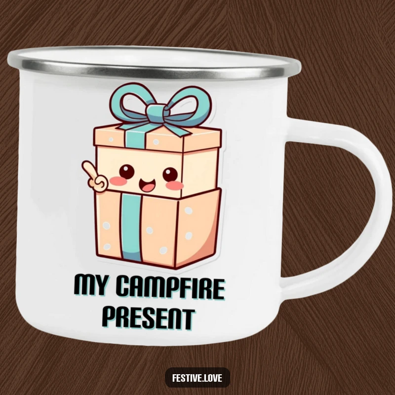 Funny Camping Mug: A gift box character with a happy exclamation point, ready for surprise adventures.