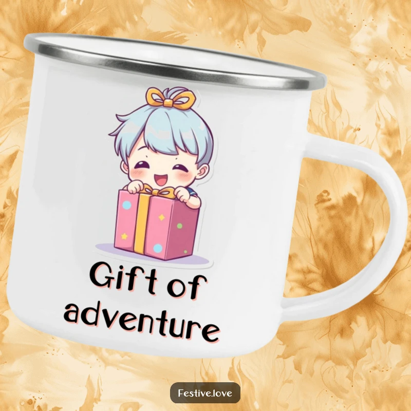 Funny camping mug with a little character enthusiastically unwrapping a brightly colored present, ideal for outdoor use.