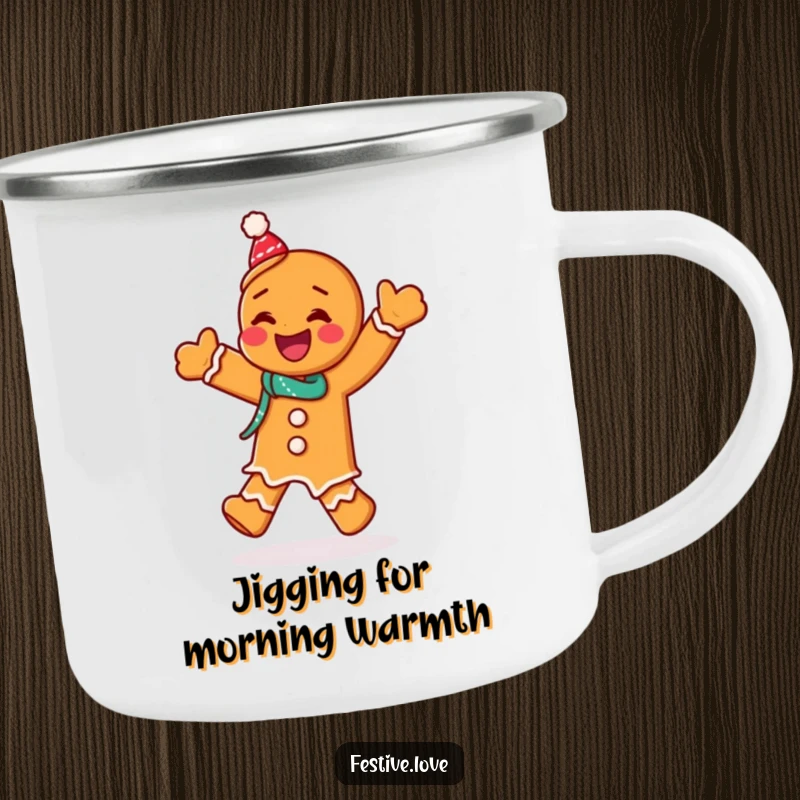 Funny camping mug with a giggling gingerbread man character doing a festive jig, durable and perfect for outdoor holiday enjoyment.
