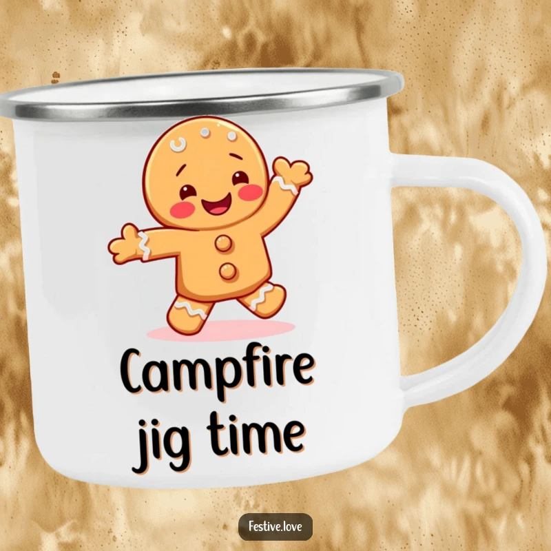 Funny camping mug with a happy gingerbread cookie character joyfully doing a jig, perfect for holiday camping.