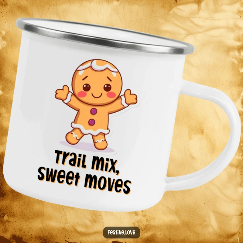 Funny gingerbread man camping mug with a smiling character dancing with frosting accents, ideal for camping.