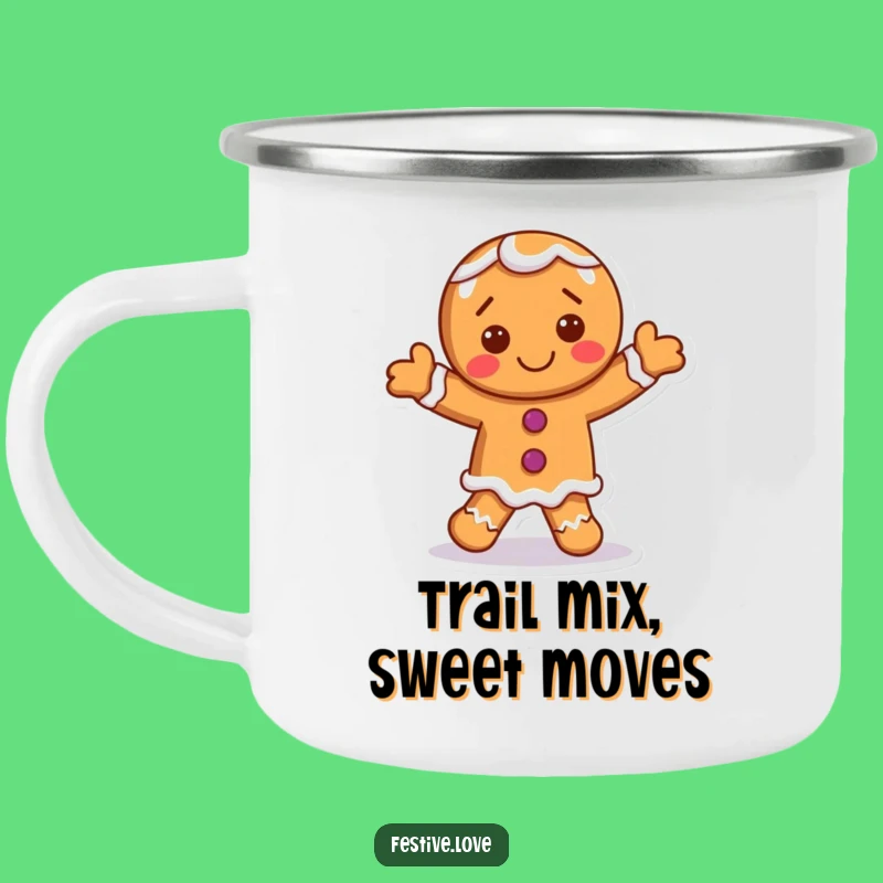 Funny Gingerbread Man Enamel Mug - Dancing Character, Perfect Sweet Treat