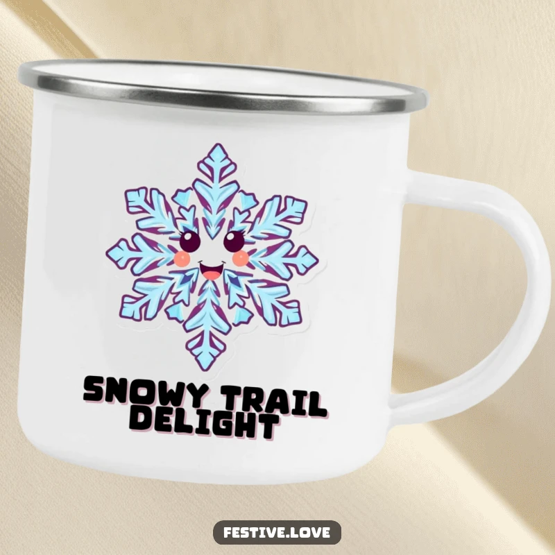 Funny camping mug showcasing a delighted snowflake character with detailed patterns, joyfully spinning in a winter environment.