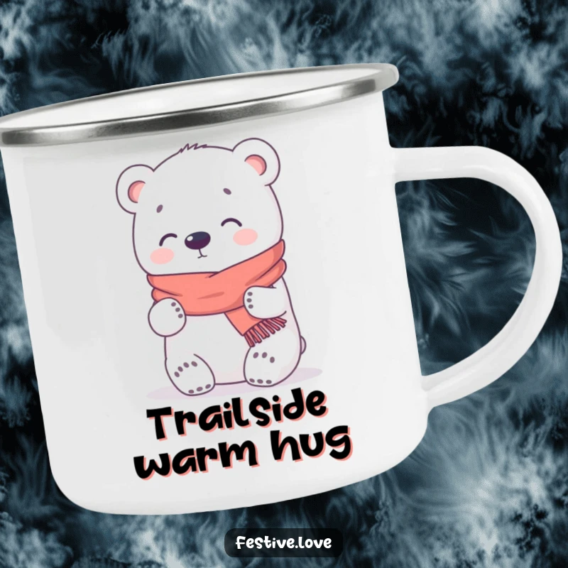 Funny Camping Mug: A kawaii polar bear wearing a scarf gives a warm hug, bringing comfort and cheer to outdoor drinks.
