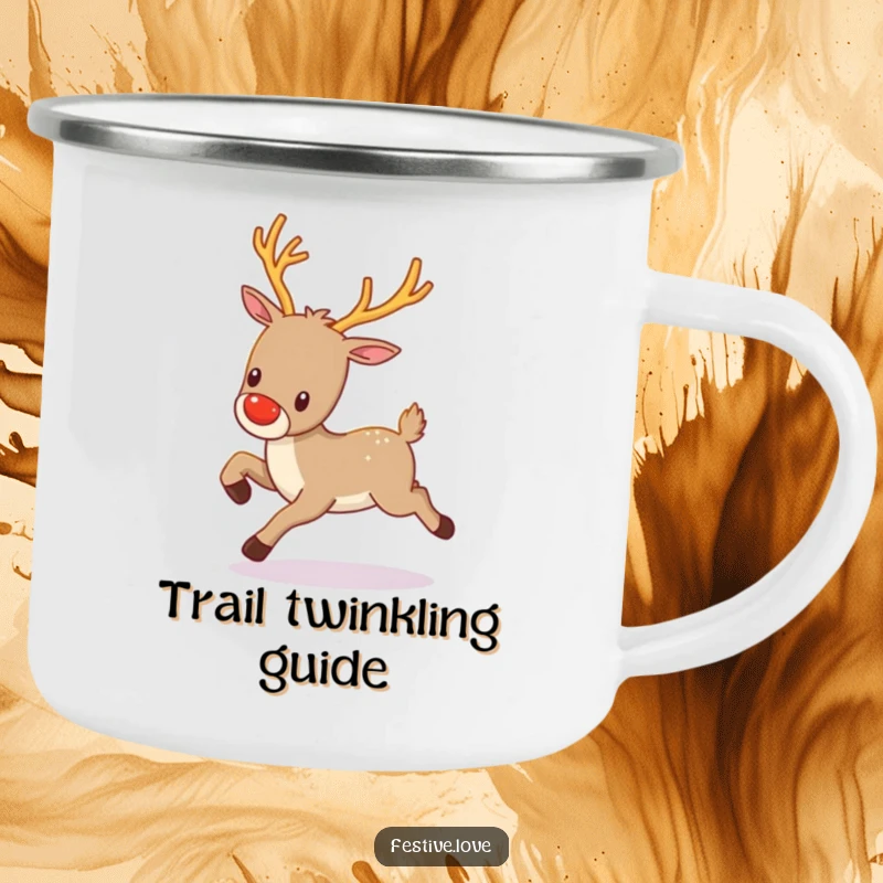 Funny kawaii reindeer with twinkling antlers, prancing gleefully, designed for a rugged and festive enamel camping mug.