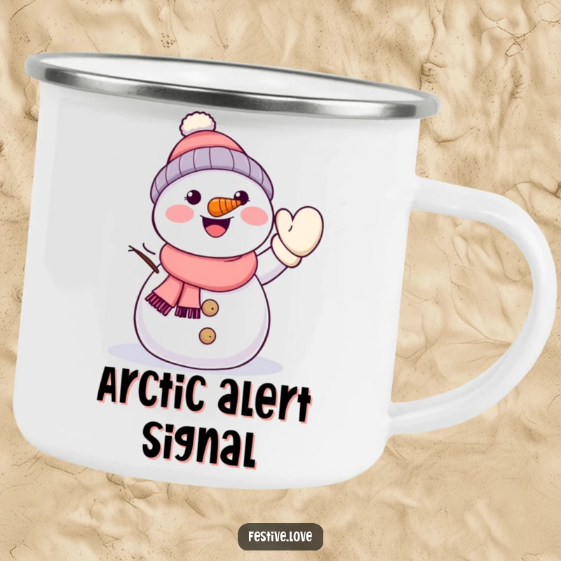 Funny kawaii snowman with a carrot nose, energetically waving a mitten, designed for a rugged and cheerful enamel camping mug.