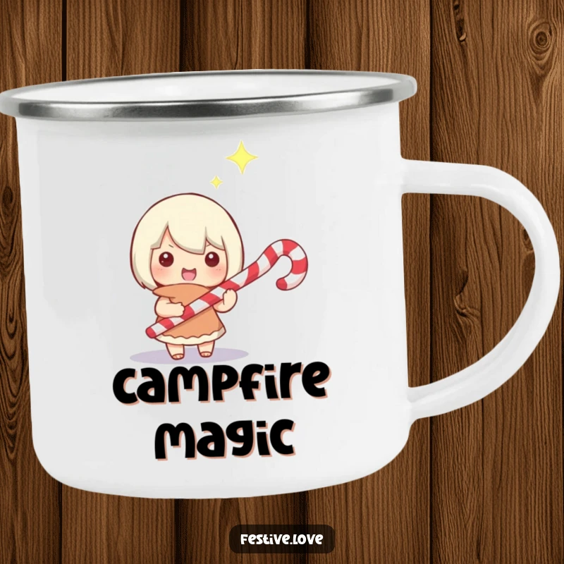 Funny enamel camping mug with a character holding a candy cane like a magic wand, eyes twinkling, ideal for enchanted outdoor moments.
