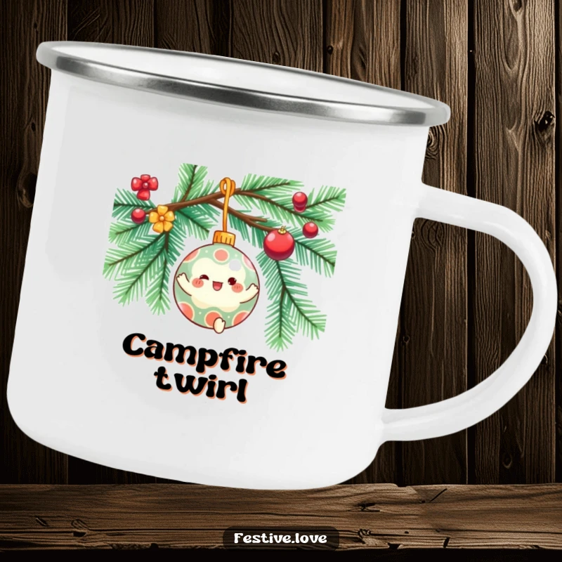 Funny camping mug with a festive ornament character spinning gleefully on a decorated tree branch, built for rugged holiday outings.