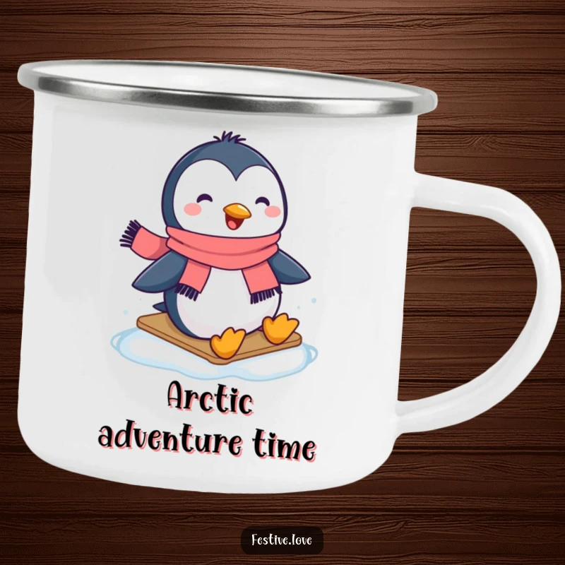 Funny camping mug showcasing a happy penguin in a scarf, sliding with glee across an icy surface.