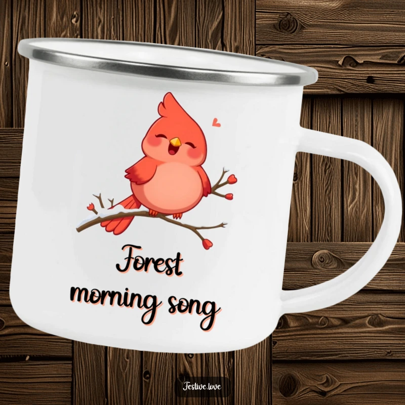 Funny camping mug showcasing a plump, red cardinal character singing joyfully on a snowy branch, winter scene.