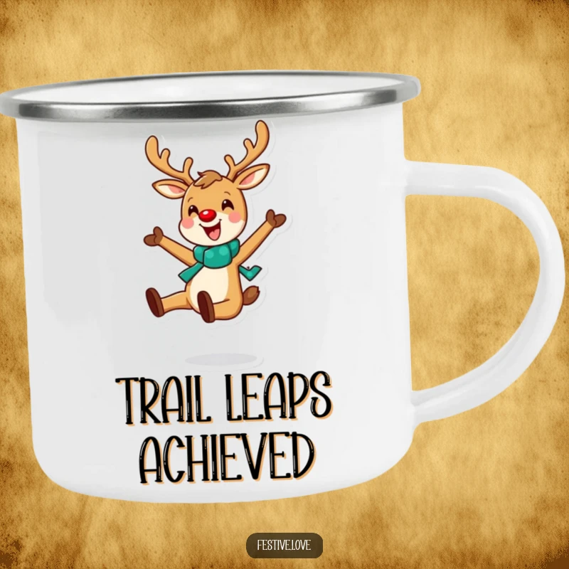 Funny camping mug showing a cheerful reindeer leaping joyfully, perfect for outdoor holiday adventures.