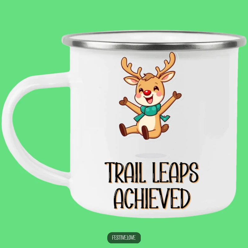 Funny Reindeer Leap Camping Mug: Adventure with Cheerful Character and Holiday Spirit