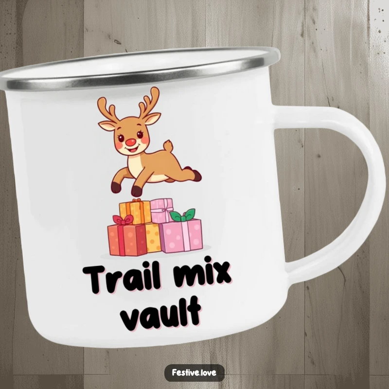 Funny camping mug featuring a cheerful reindeer character leaping over Christmas presents, built for rugged holiday adventures and hot drinks.