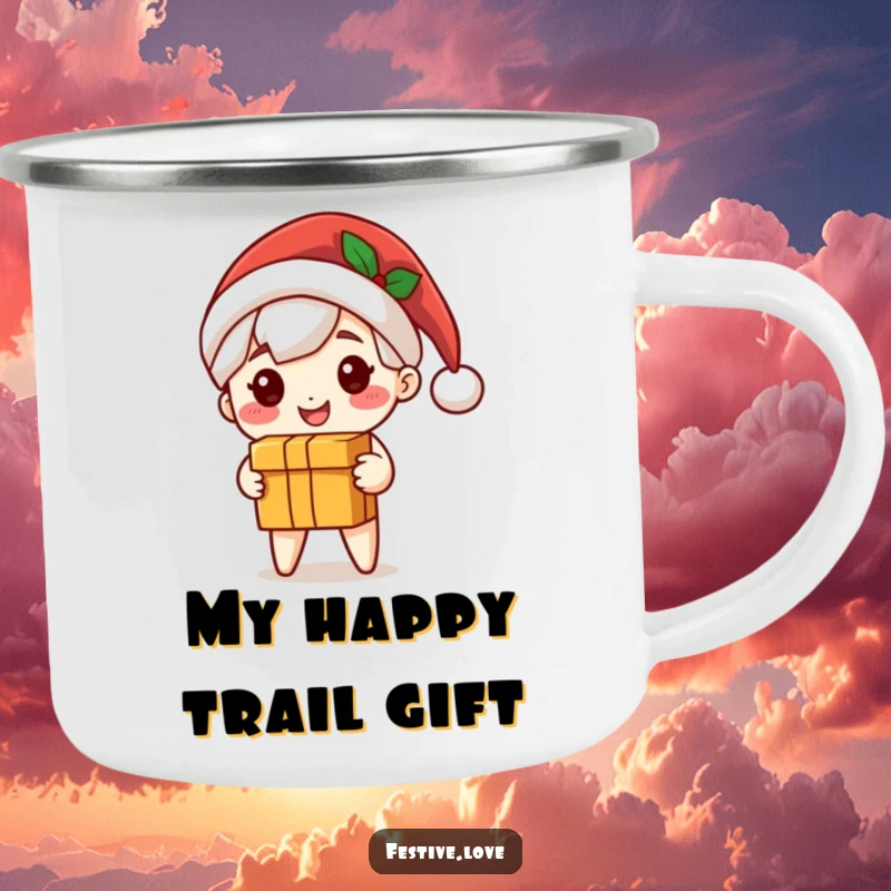 Funny Santa camping mug with a cute smiling character in a Santa hat, delivering a gift box, for outdoor use.