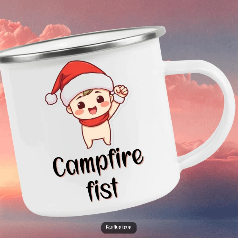 Funny camping mug with a Santa hat-wearing character triumphantly pumping their fist, celebrating victories during outdoor holiday adventures.