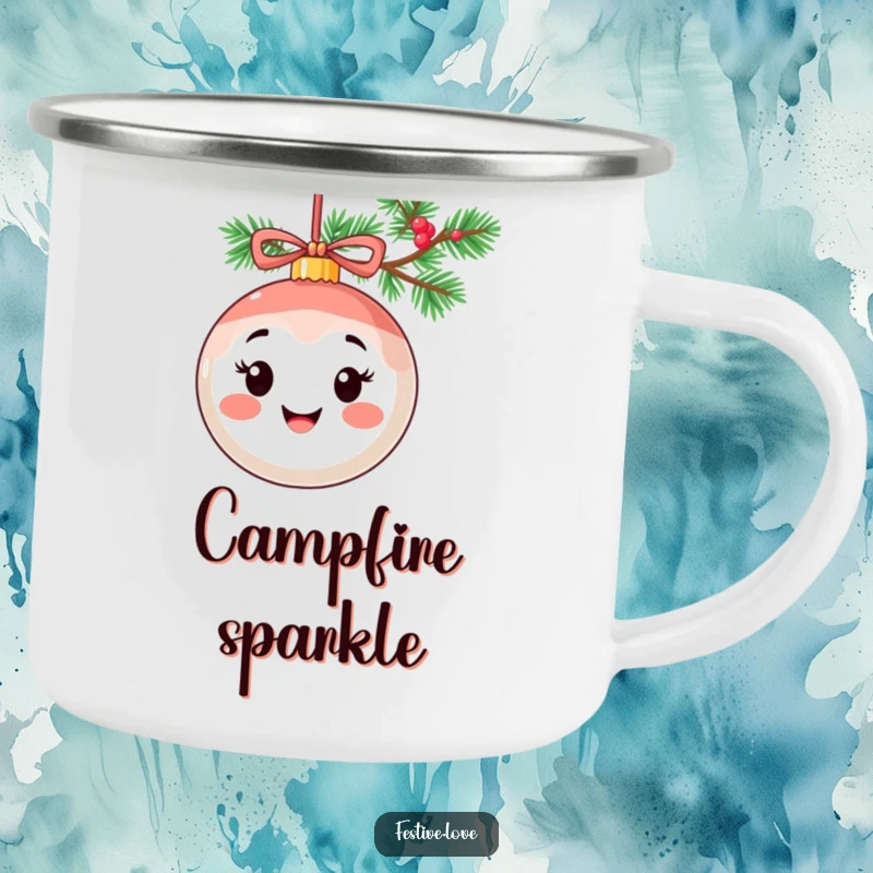 Funny camping mug showcasing a smiling ornament character with a cheerful expression, hanging from a holiday garland.