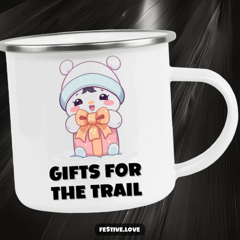 Funny camping mug with a cheerful snow character character ecstatic about unwrapping a holiday gift with a big bow.
