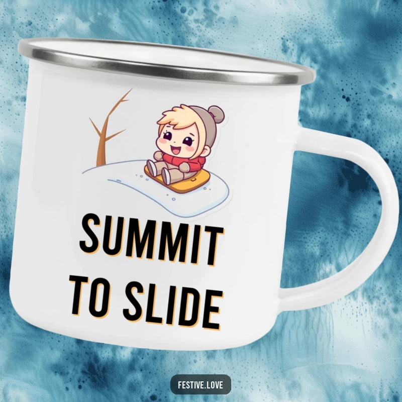 Funny camping mug depicting a character joyfully sledding down a snowy hill, designed for outdoor winter fun and a dose of humor.