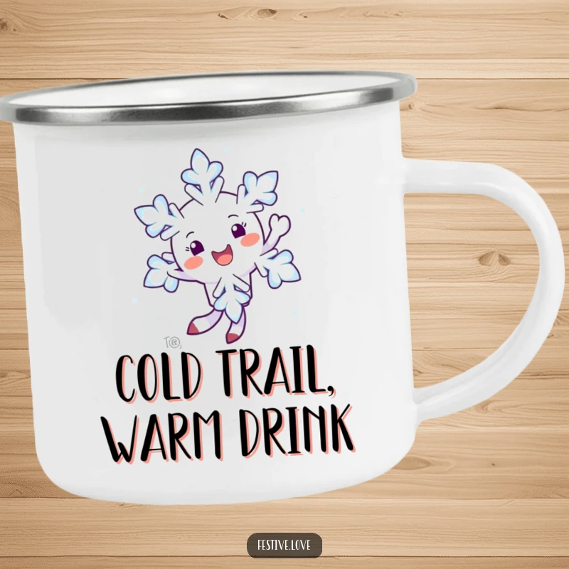 Funny camping mug featuring a happy snowflake character twirling in the air, perfect for winter adventurers.