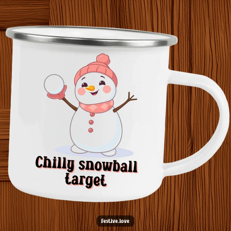 Funny camping mug with a smiling snowman character preparing to throw a snowball, durable and perfect for outdoor adventures.