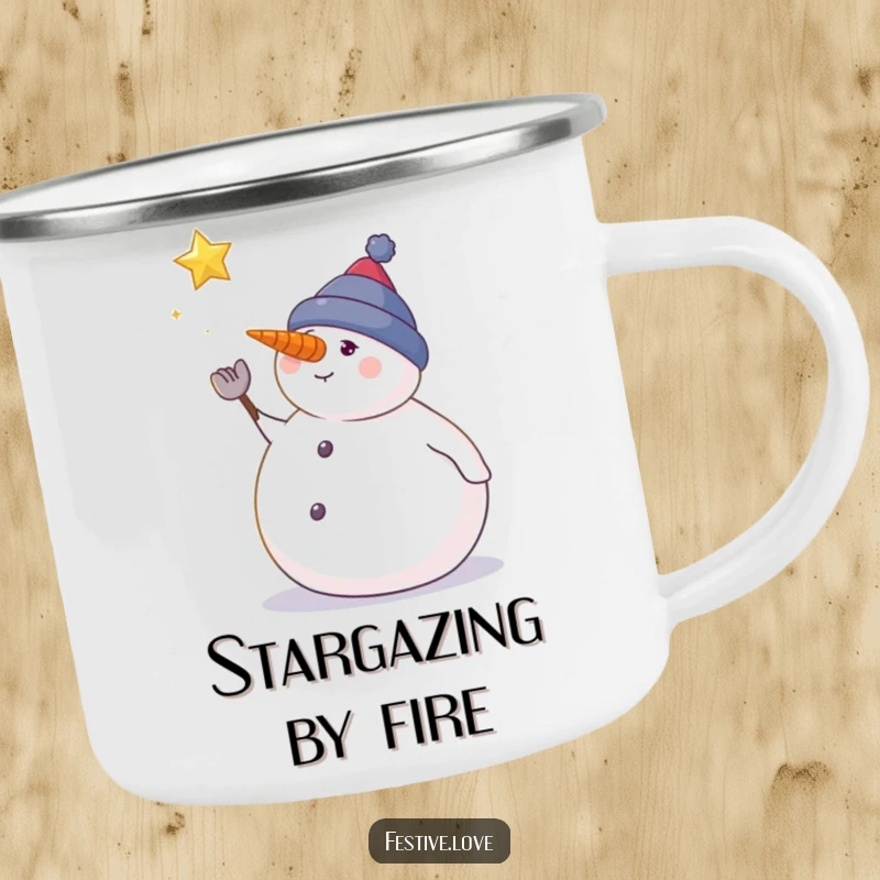 Funny snowman camping mug featuring a plump snowman looking at a falling star, perfect for winter adventures.