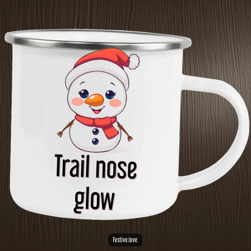 Funny camping mug with a jolly snowman character whose carrot nose is shining brightly on an outdoor adventure.