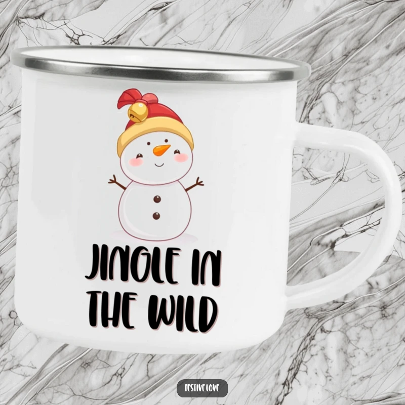 Funny snowman camping mug featuring a festive character with a jingly bell hat, ideal for outdoor holiday enjoyment.