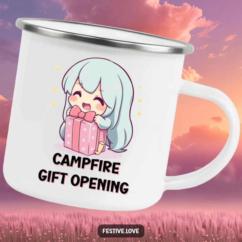Funny camping mug featuring a character unwrapping a sparkling gift, symbolizing joy, for outdoor enthusiasts.