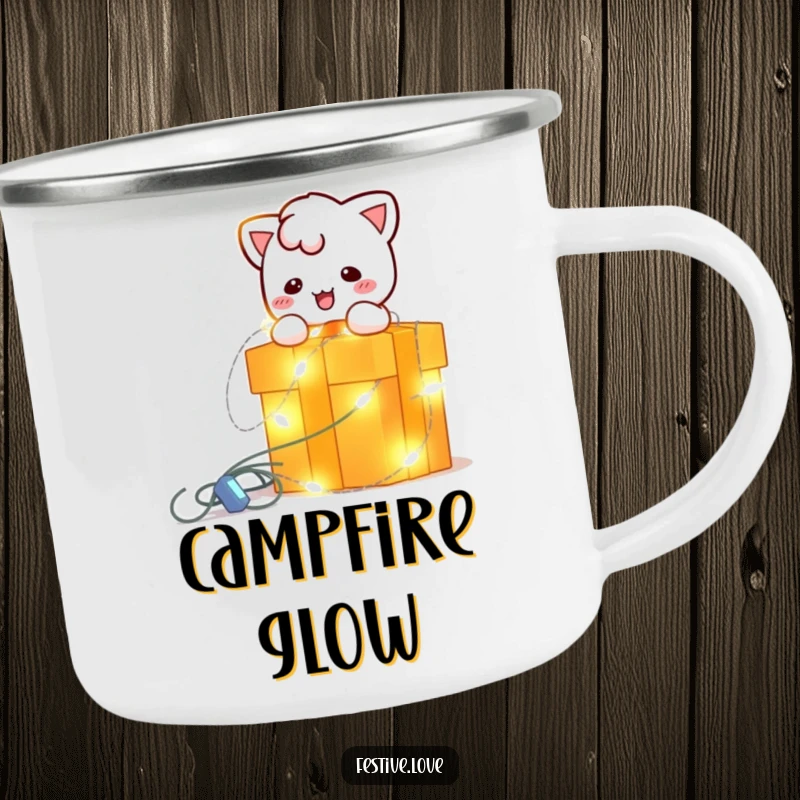 Funny camping mug with a bright, blinking string light character playfully wrapping a gift box, built for festive holiday adventures.