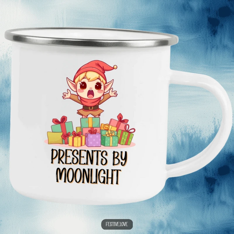 Funny camping mug featuring a shocked elf character leaping with glee behind a large quantity of holiday presents.