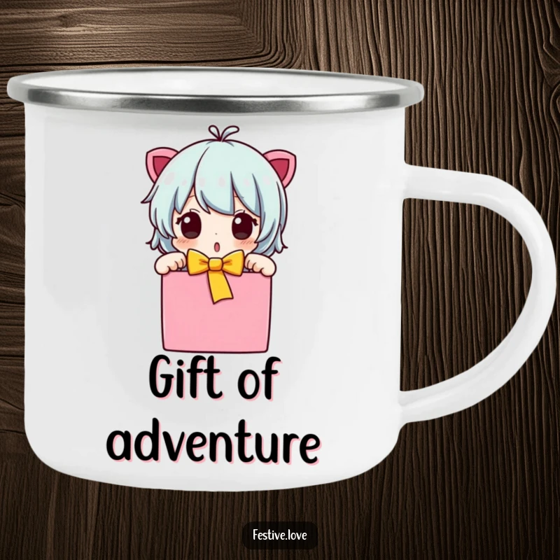 Funny character camping mug unwrapping a gift, surprised expression, durable and portable, a fun funny gift.