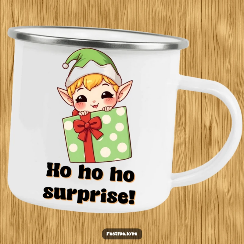 Funny kawaii elf camping mug, mischievous grin, hiding behind a gift, durable and humorous outdoor drinkware.