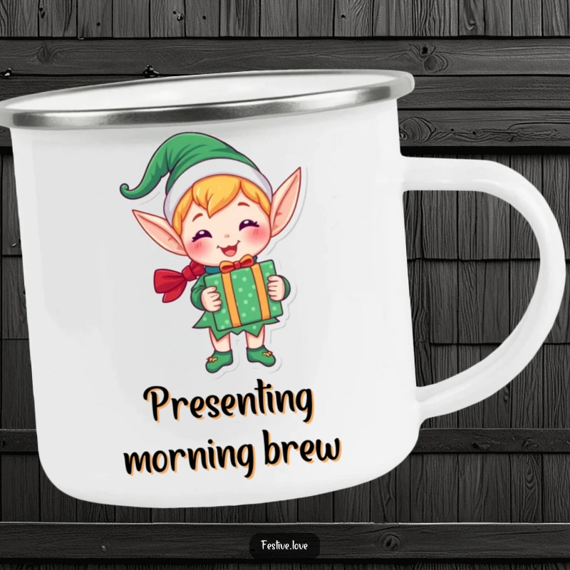 Funny camping mug with a joyful elf character holding a brightly wrapped gift, durable for outdoor use and festive spirit.