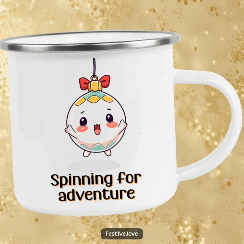Funny camping mug with a surprised Christmas ornament character spinning rapidly, durable and perfect for outdoor holiday enjoyment.