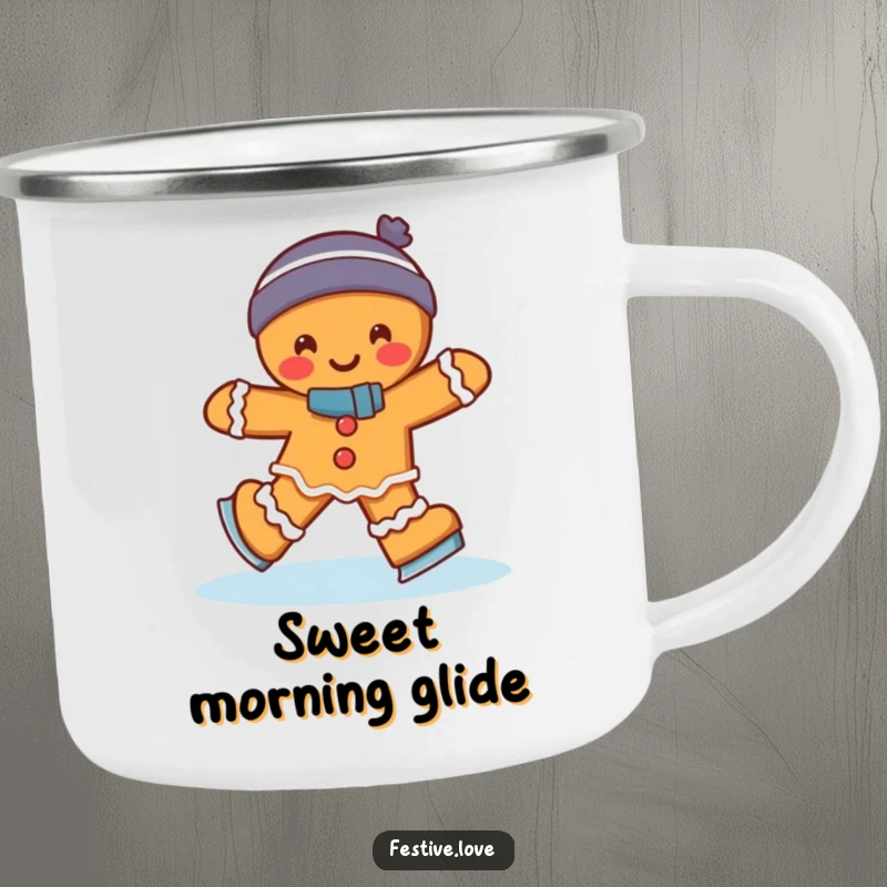 Funny gingerbread man ice skating with a joyful wobble, designed on a rustic camping mug, a humorous outdoor gift.