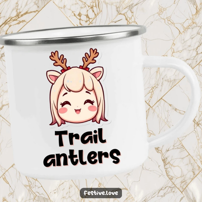 Funny enamel camping mug with a smiling character wearing tiny reindeer antlers, looking excited, ideal for festive outdoor sipping.