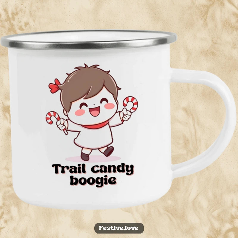 Funny camping mug with a cheerful character dancing with tiny candy canes and a wide smile, ideal for outdoor use.