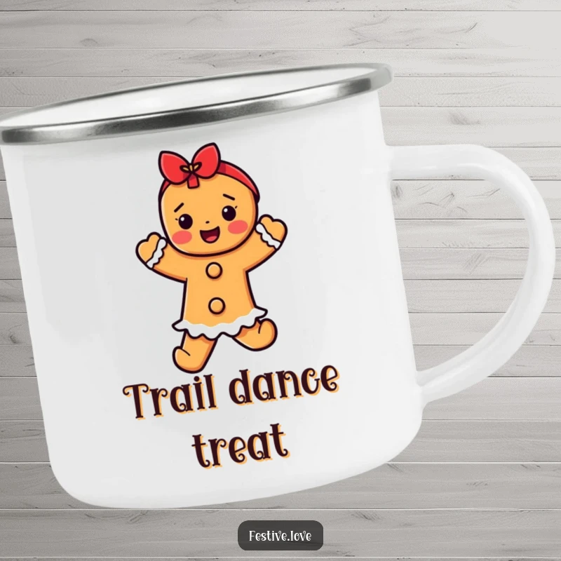 Funny gingerbread dancer camping mug, a character happily dancing, ready for outdoor holiday adventures.