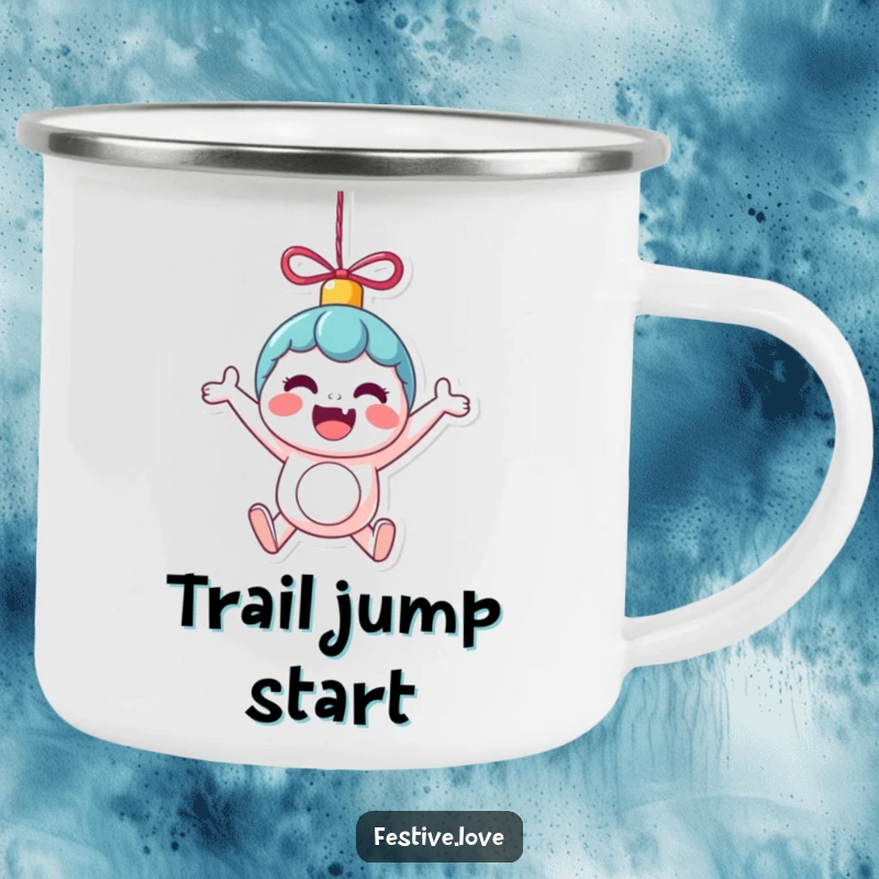 Funny Camping Mug: A kawaii ornament character bounces with excitement, perfect for enjoying drinks around the campfire with a humorous touch.