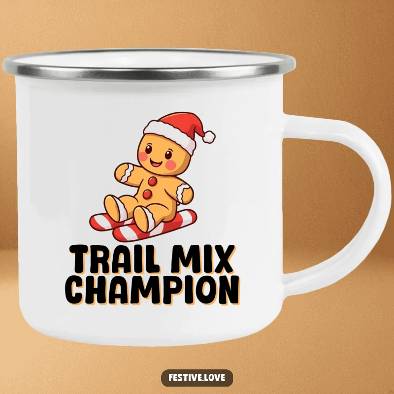 Funny gingerbread man camping mug with a festive cookie sliding down a candy cane, perfect for holiday adventures.