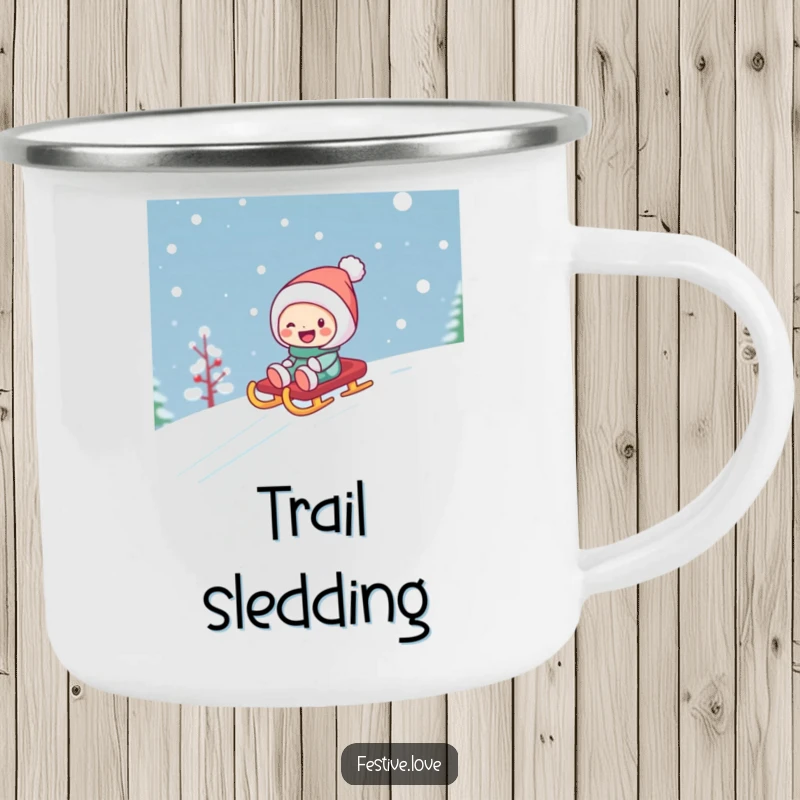 Funny enamel camping mug with a character joyfully sledding down a snowy hill on a colorful sled, ideal for winter outdoor activities.