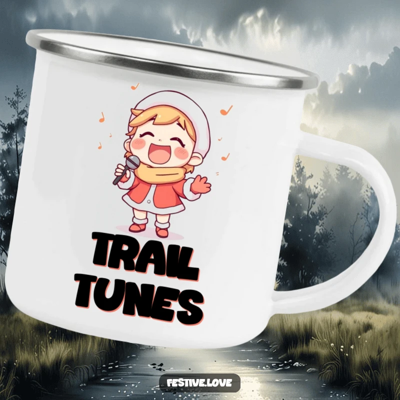 Funny camping mug with a happy carol singer character belting out a tune with a wide smile, built for holiday adventures.