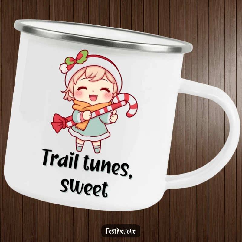 Funny camping mug featuring a caroling character and candy cane, perfect for outdoor enthusiasts who love festive tunes.