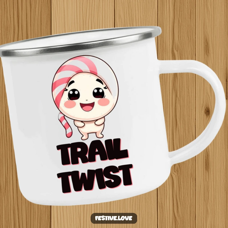 Funny candy cane character camping mug bending into a sweet smile, perfect for outdoor adventures with holiday cheer.