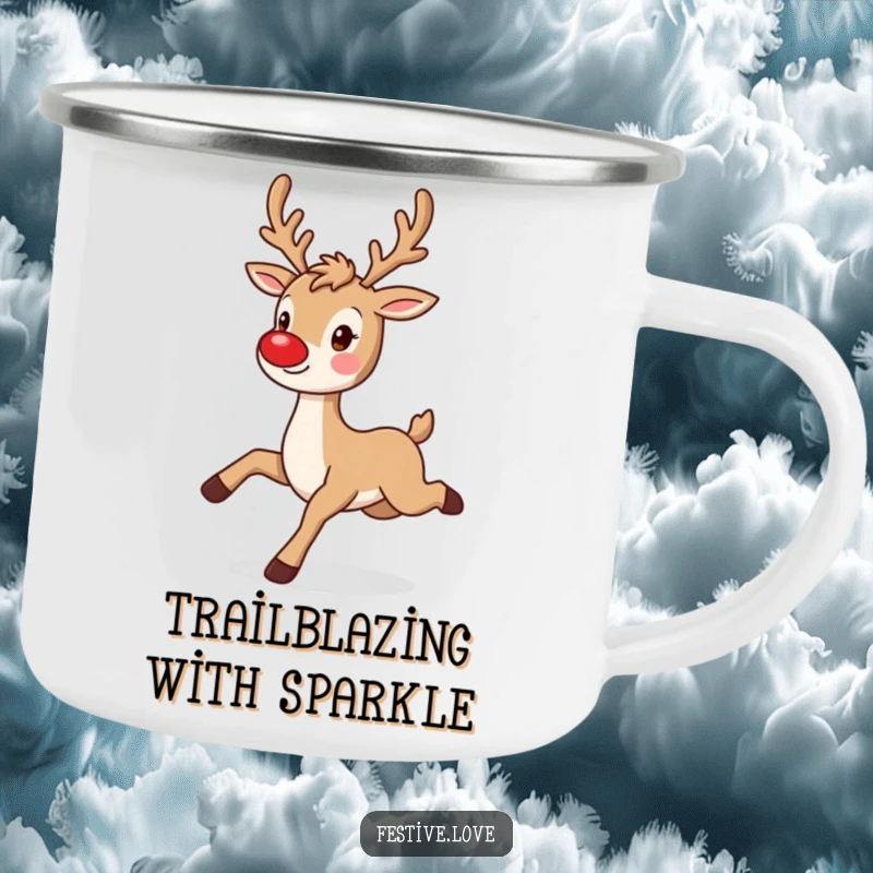 Funny reindeer camping mug with a playful character prancing with a twinkling red nose, ideal for camping.