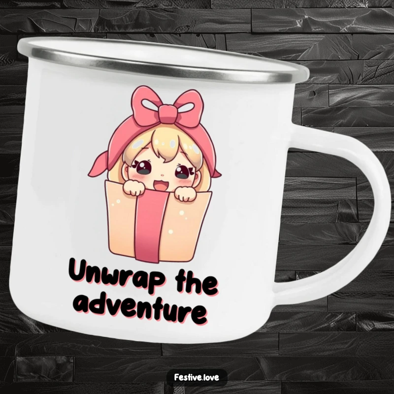 Funny enamel camping mug showcasing a cute, joyful present character peeking from a ribbon, ready for adventure.