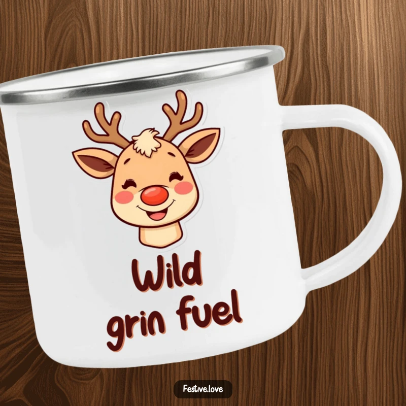 Funny reindeer camping mug featuring a festive character with rosy cheeks and a big grin, ideal for outdoor holiday enjoyment.
