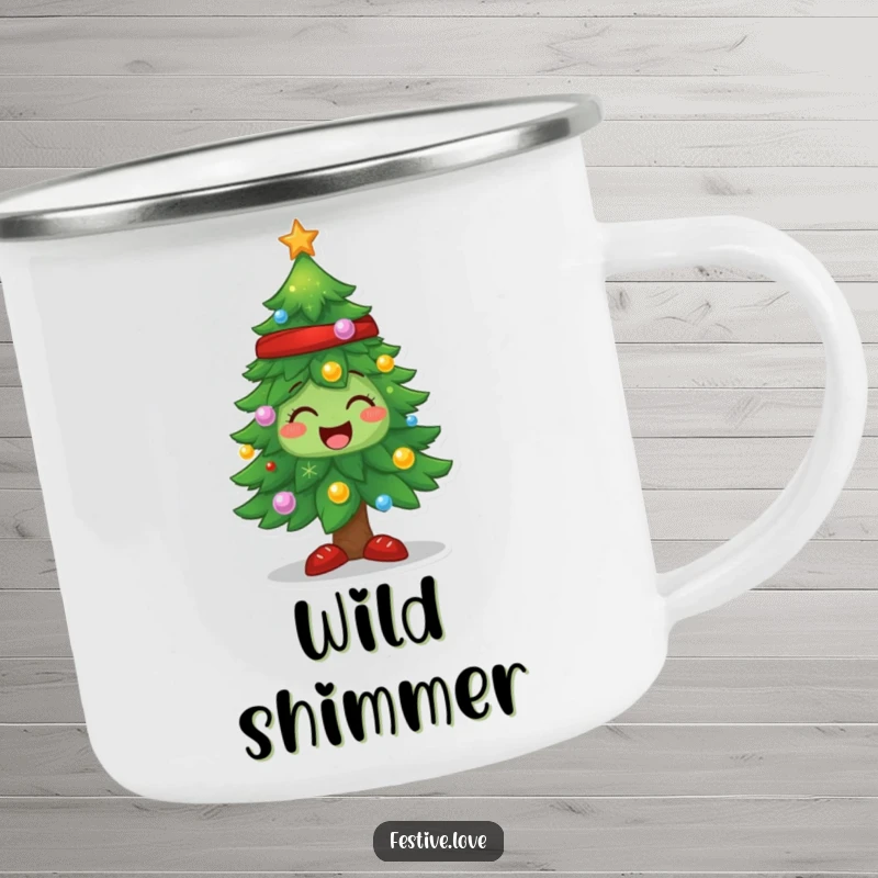 Funny Christmas tree camping mug featuring a sparkling character, ideal for outdoor holiday enjoyment.
